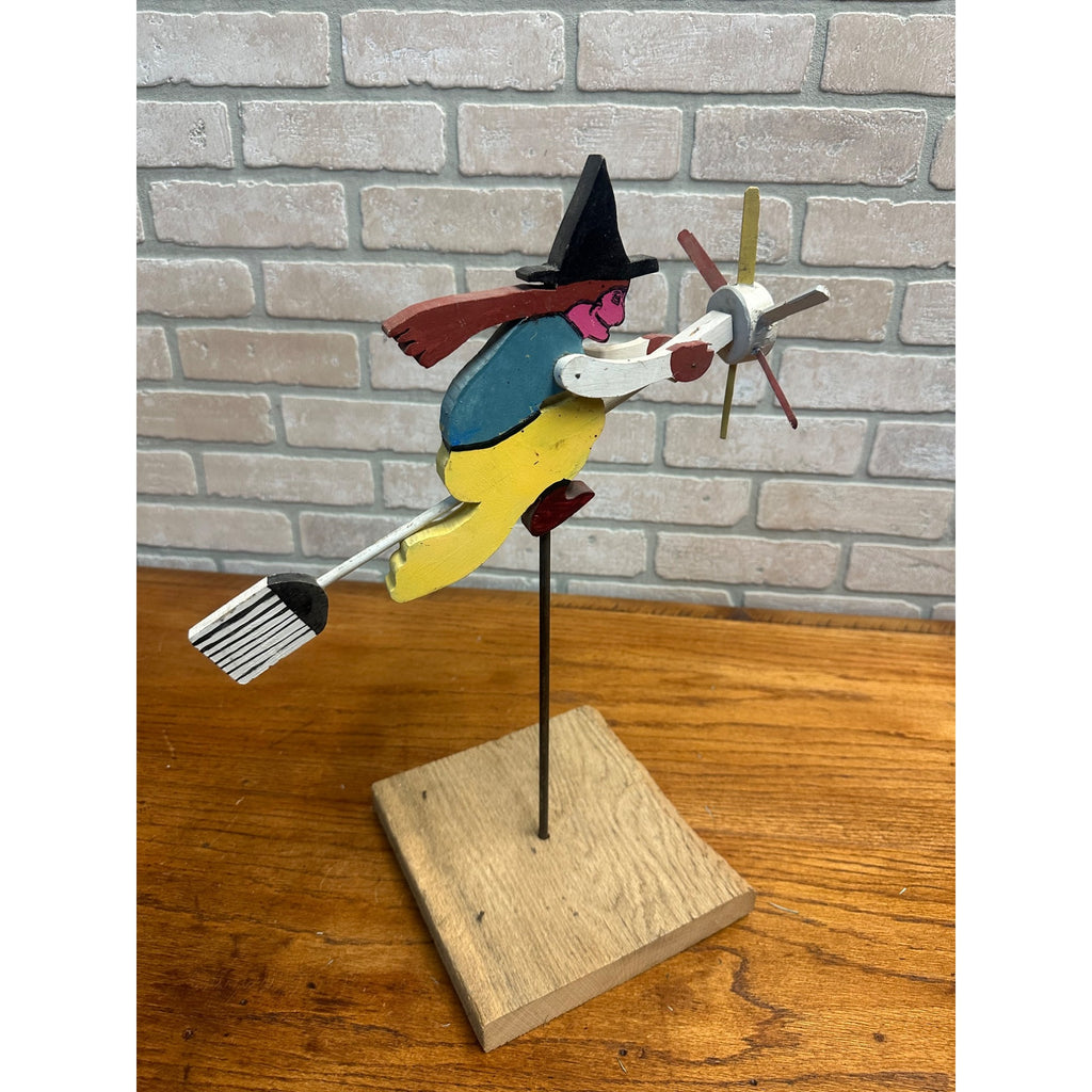 Original Vintage Halloween Flying Witch Fence Wooden Whirligig Folk Art