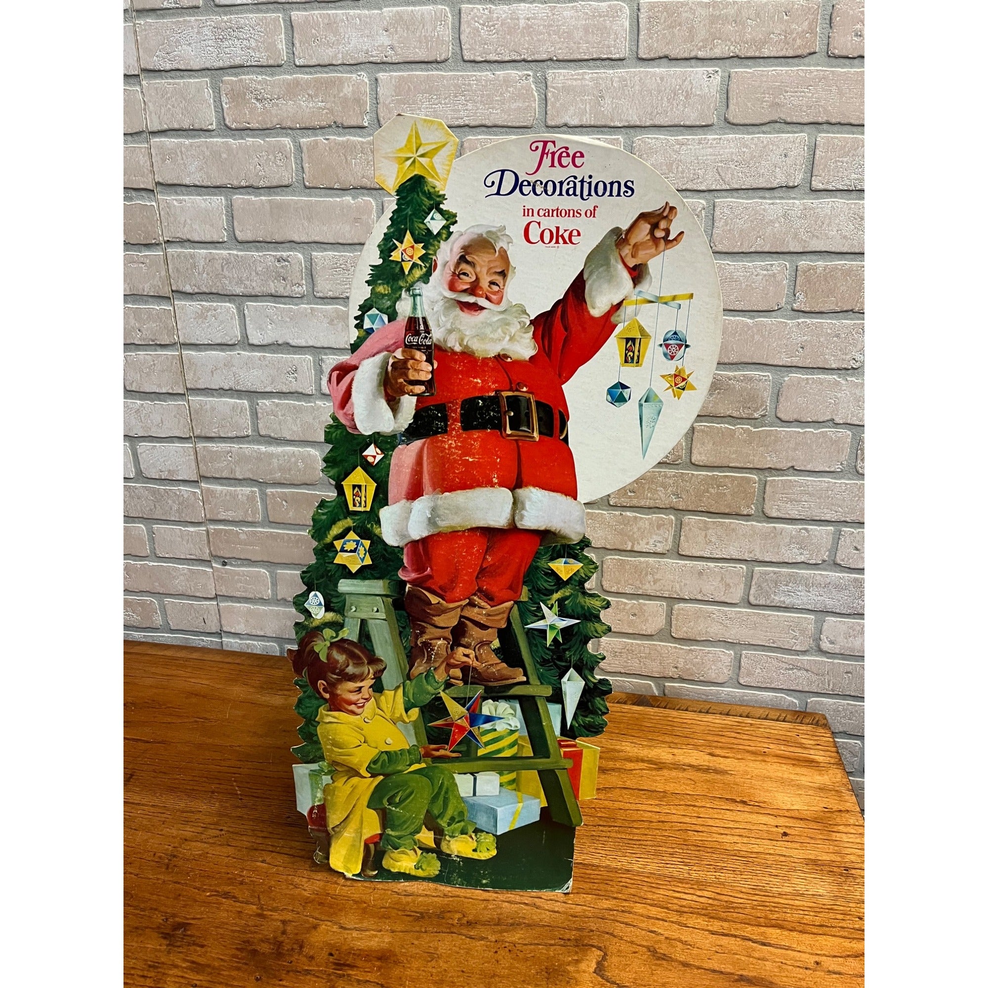 RARE Vintage 1960s Coca Cola Santa Christmas Tree Advertising Sign Diecut Promo