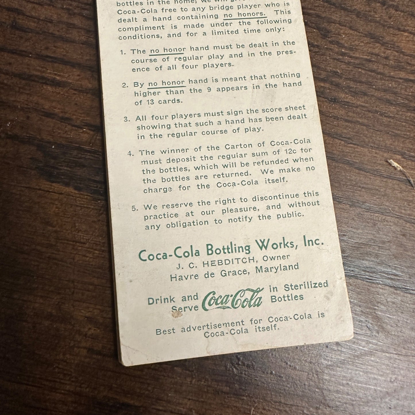 Coca Cola 1935 Bottling Works Havre de Grace Maryland Bridge Score Pad Paper