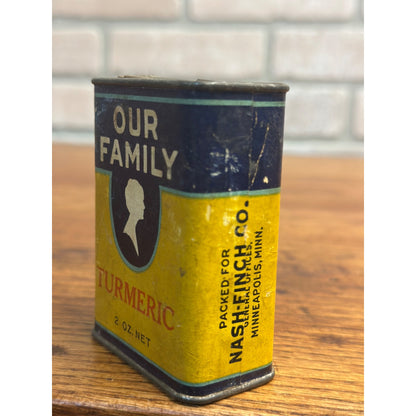 Vintage 1940s Our Family Spice Tin Advertising 2oz Turmeric Nash Finch Co