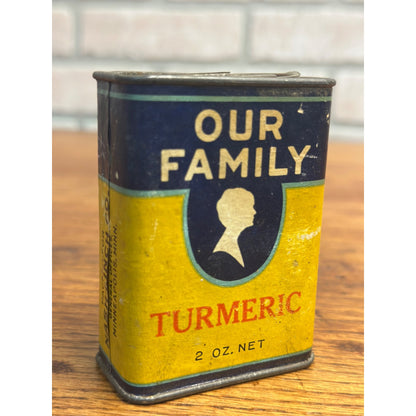 Vintage 1940s Our Family Spice Tin Advertising 2oz Turmeric Nash Finch Co