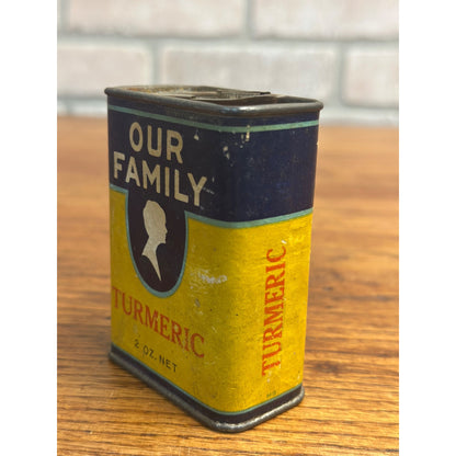 Vintage 1940s Our Family Spice Tin Advertising 2oz Turmeric Nash Finch Co