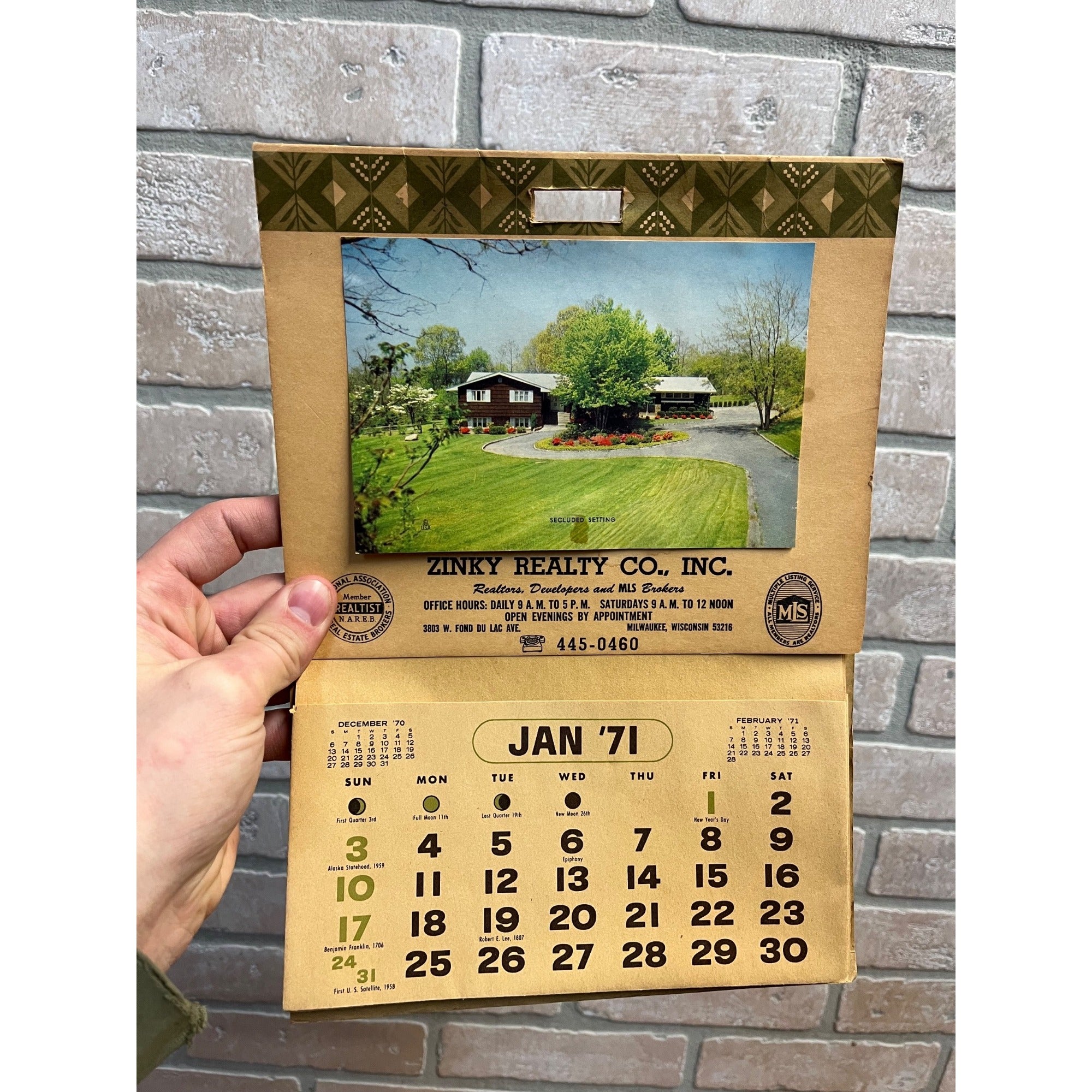 Vintage Zinky Realty Realtor Milwaukee Wisconsin Wis Advertising Calendar Sign