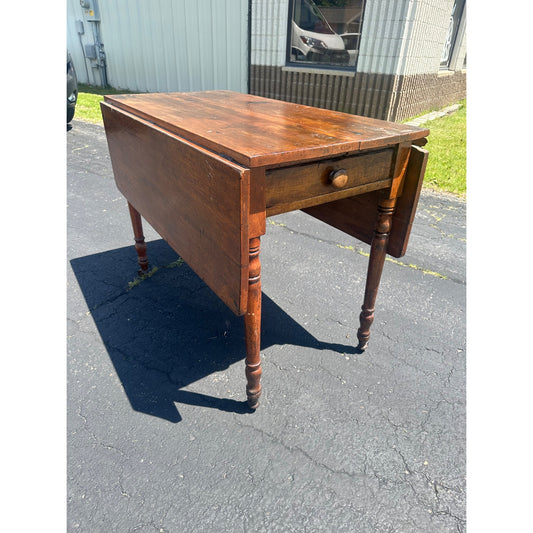 Antique Primitive Wood Farmhouse Drop Leaf Table w/ Single Drawer 19th Century 1800s