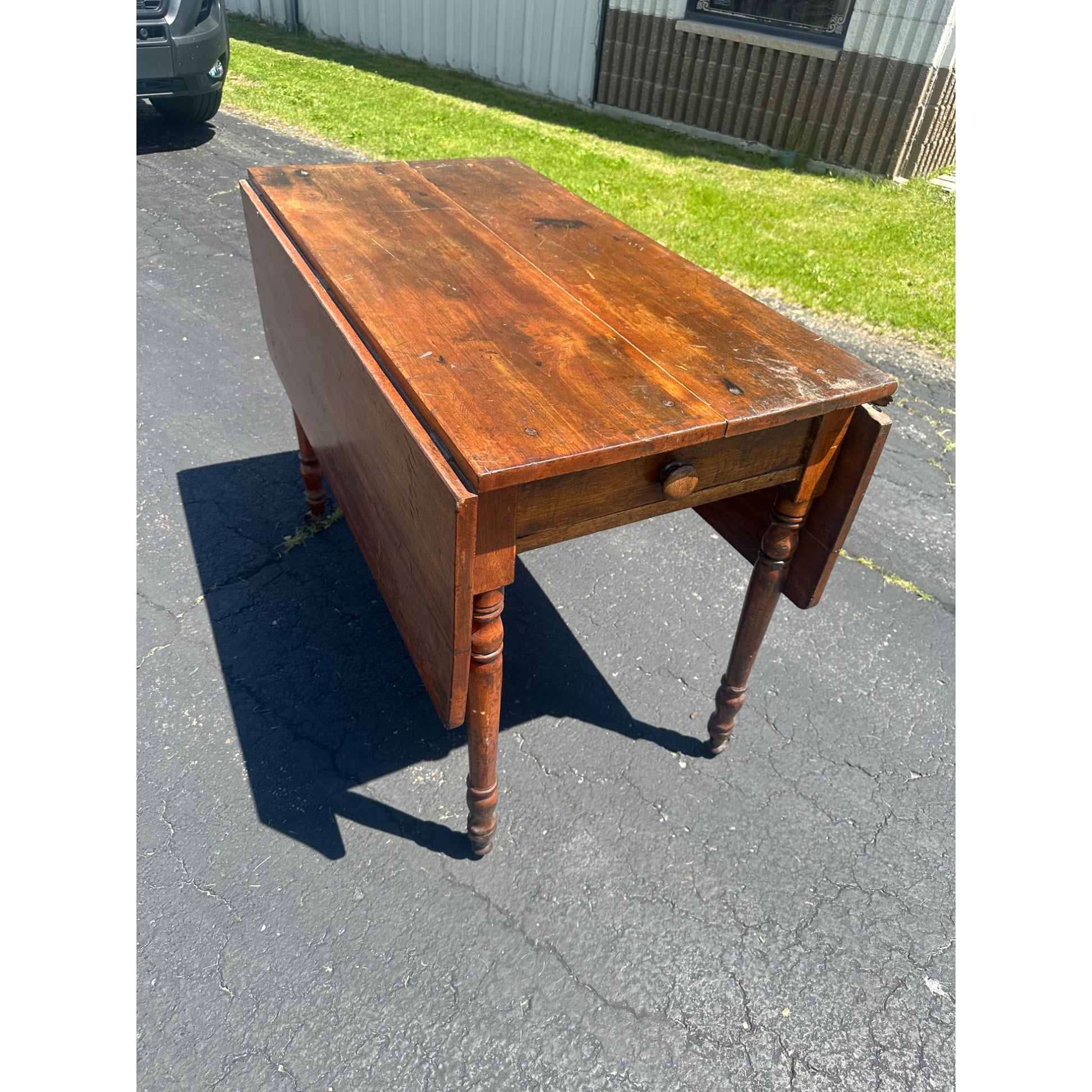 Antique Primitive Wood Farmhouse Drop Leaf Table w/ Single Drawer 19th Century 1800s