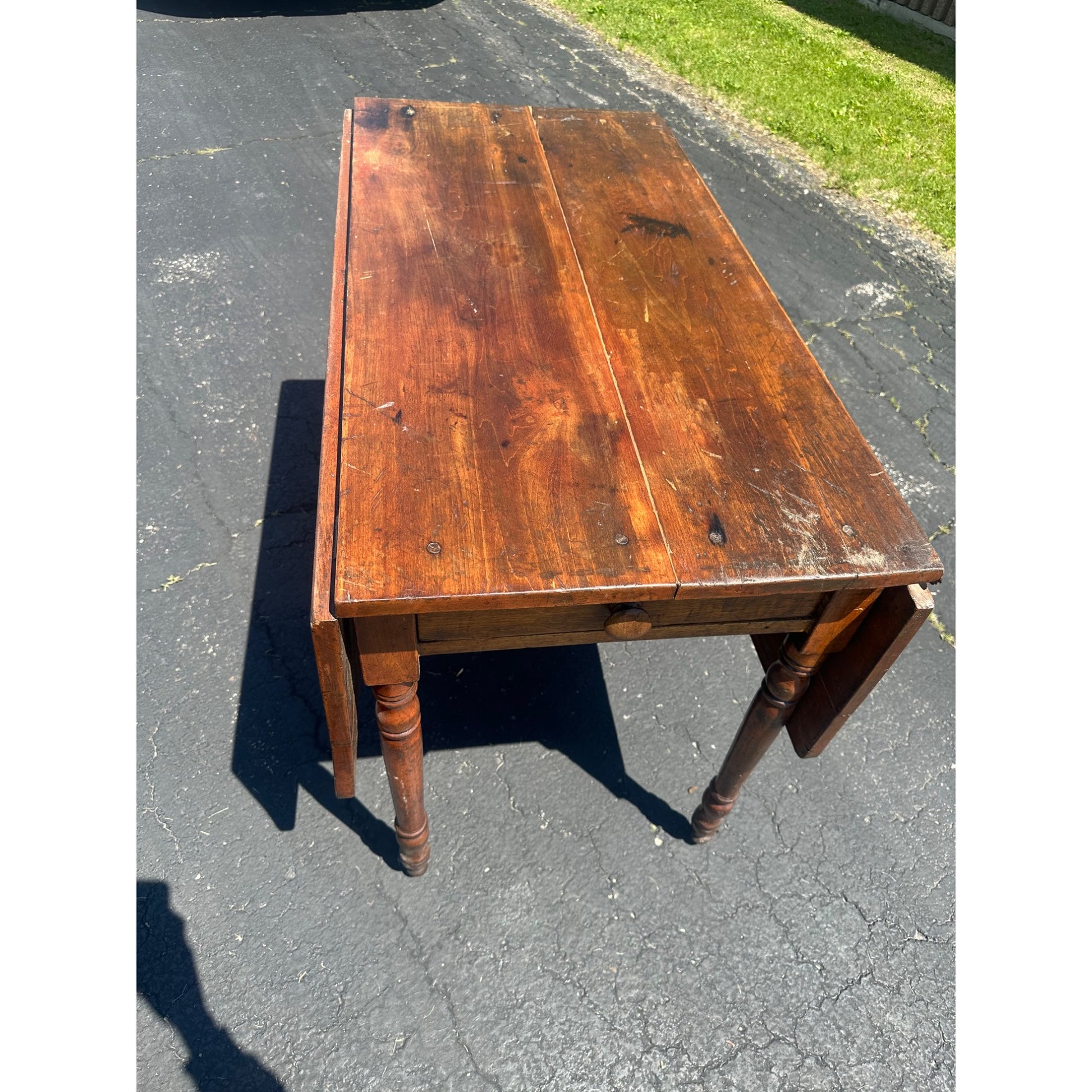 Antique Primitive Wood Farmhouse Drop Leaf Table w/ Single Drawer 19th Century 1800s
