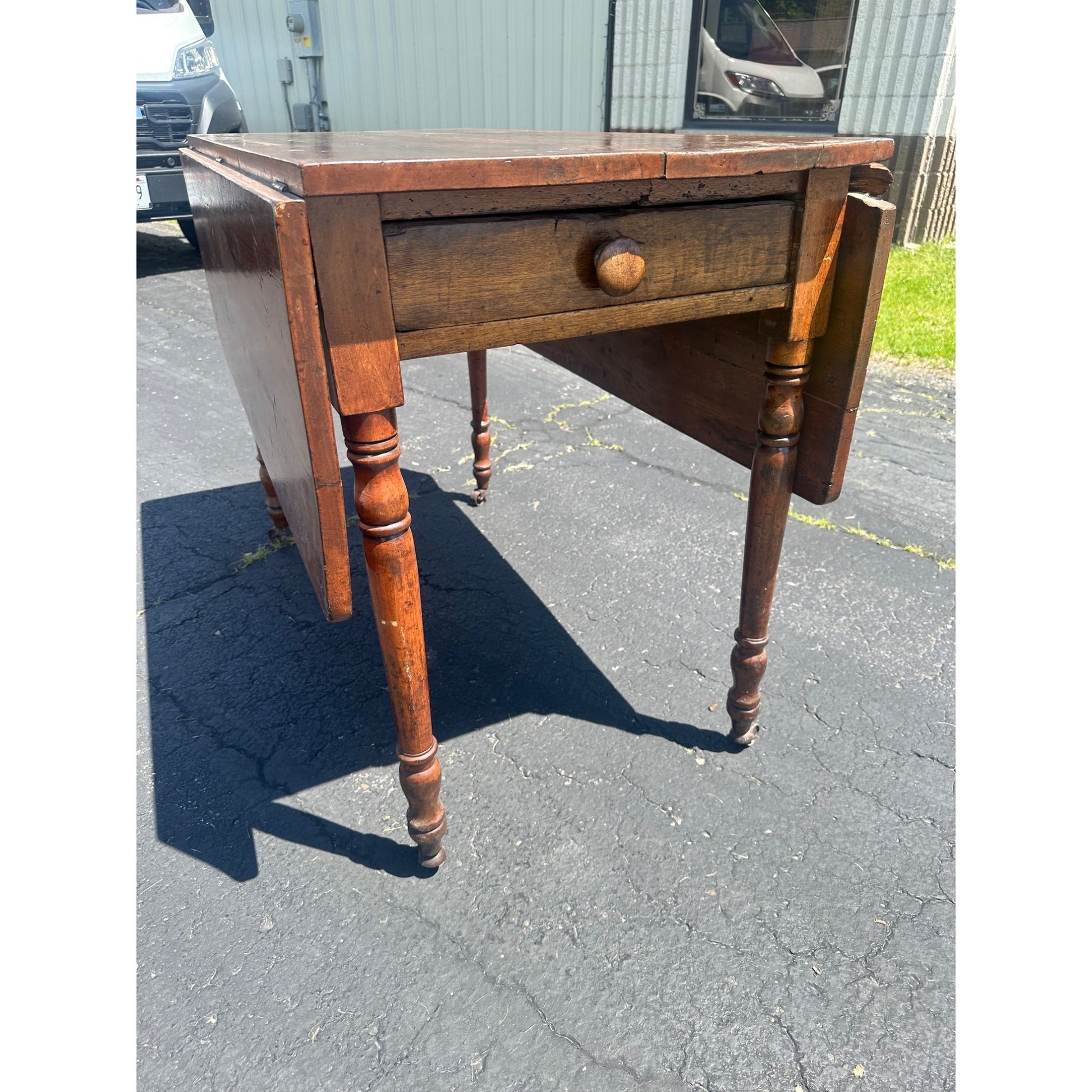 Antique Primitive Wood Farmhouse Drop Leaf Table w/ Single Drawer 19th Century 1800s