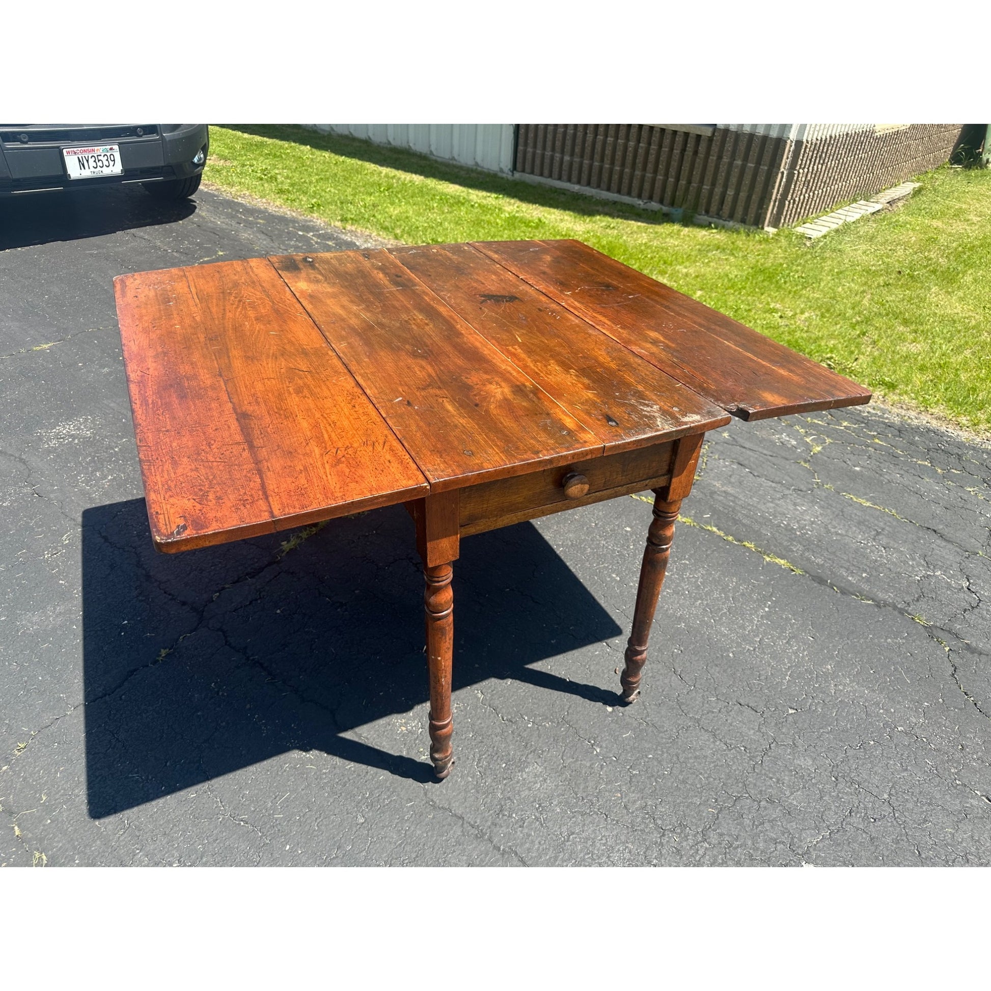Antique Primitive Wood Farmhouse Drop Leaf Table w/ Single Drawer 19th Century 1800s