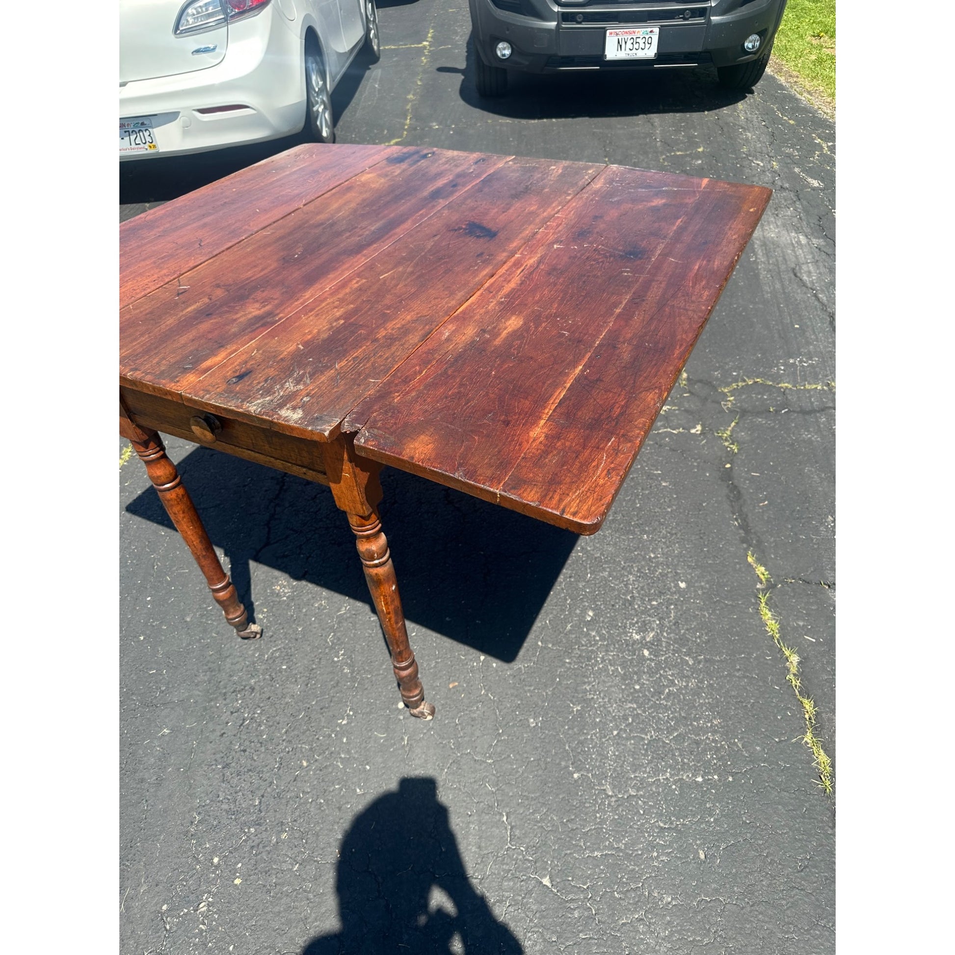 Antique Primitive Wood Farmhouse Drop Leaf Table w/ Single Drawer 19th Century 1800s