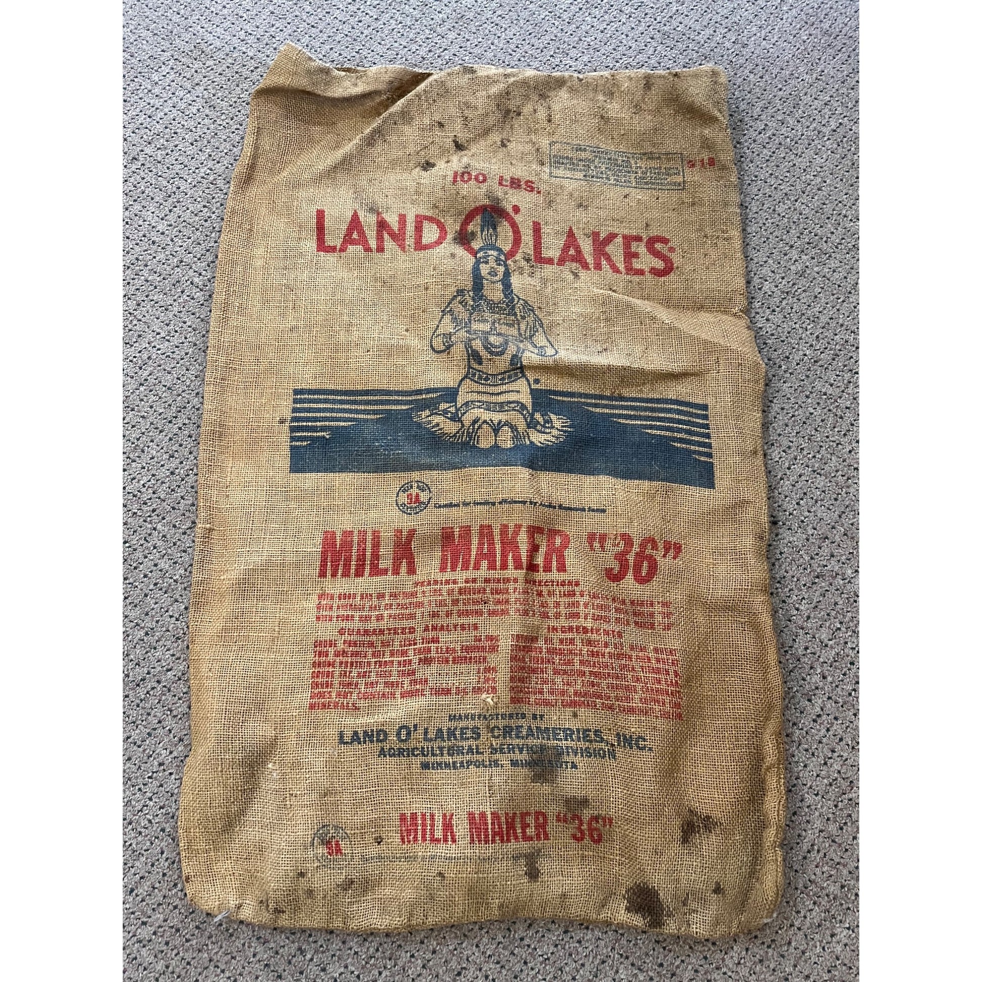 Vintage Land O Lakes Milk Maker Burlap Farm Feed Bag Sack Advertising Indian