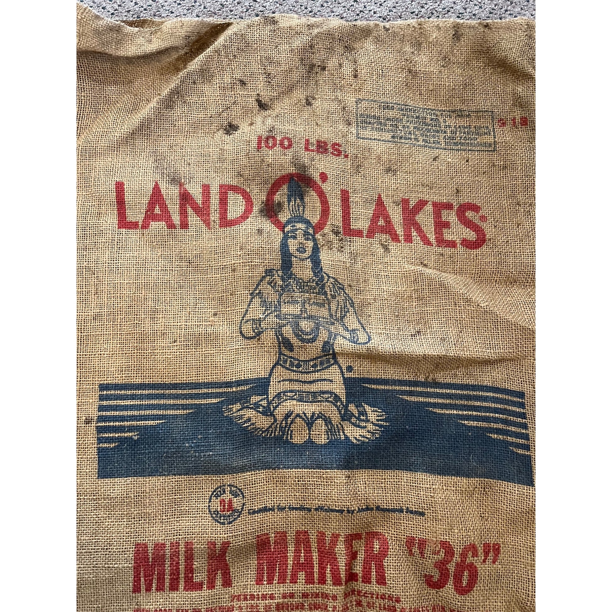Vintage Land O Lakes Milk Maker Burlap Farm Feed Bag Sack Advertising Indian