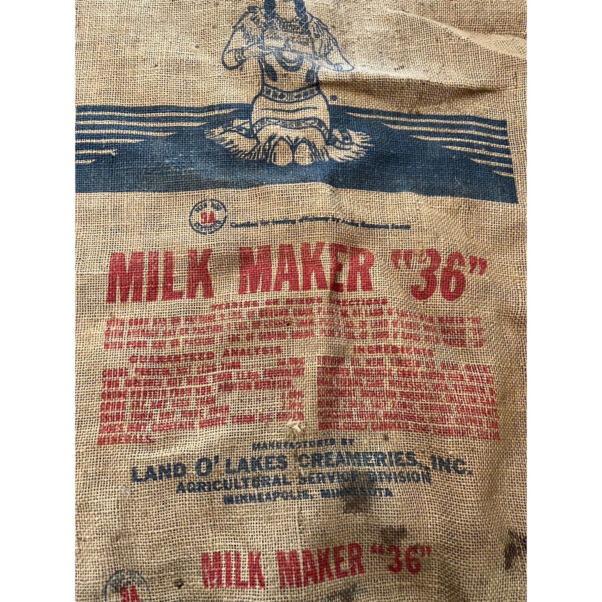 Vintage Land O Lakes Milk Maker Burlap Farm Feed Bag Sack Advertising Indian