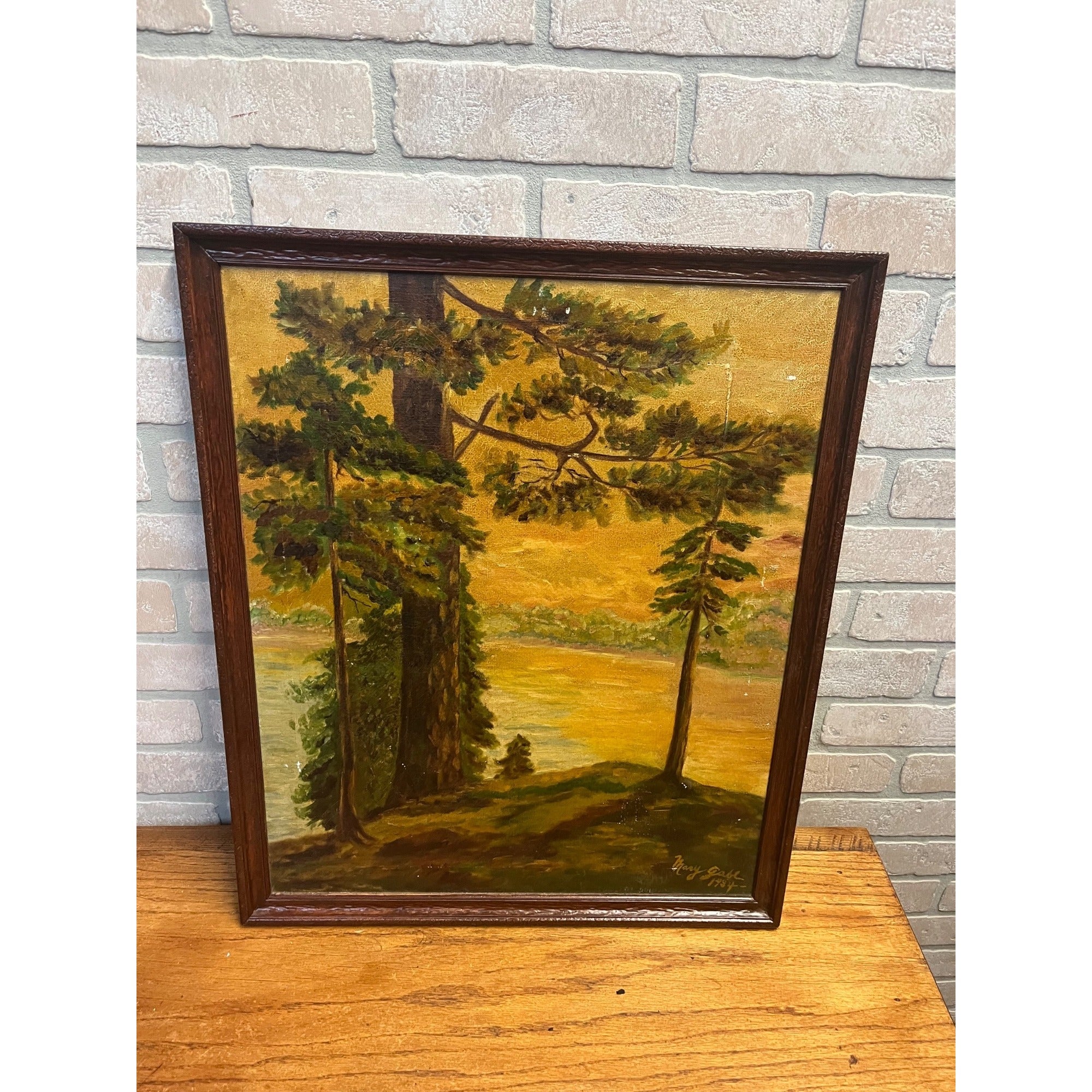 Vintage Original Framed Oil Painting on Canvas Signed 1932 Scenic Lake with Trees Landscape