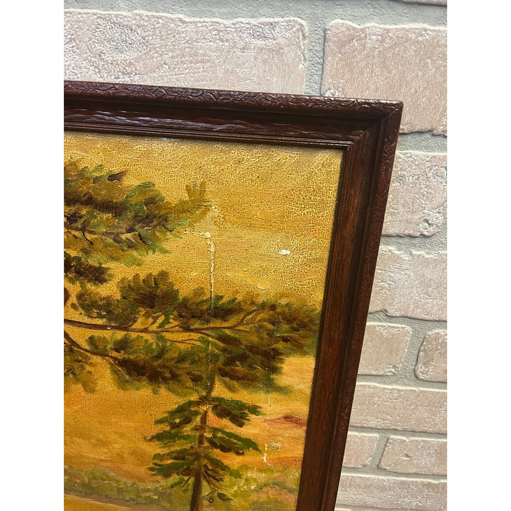 Vintage Original Framed Oil Painting on Canvas Signed 1932 Scenic Lake with Trees Landscape