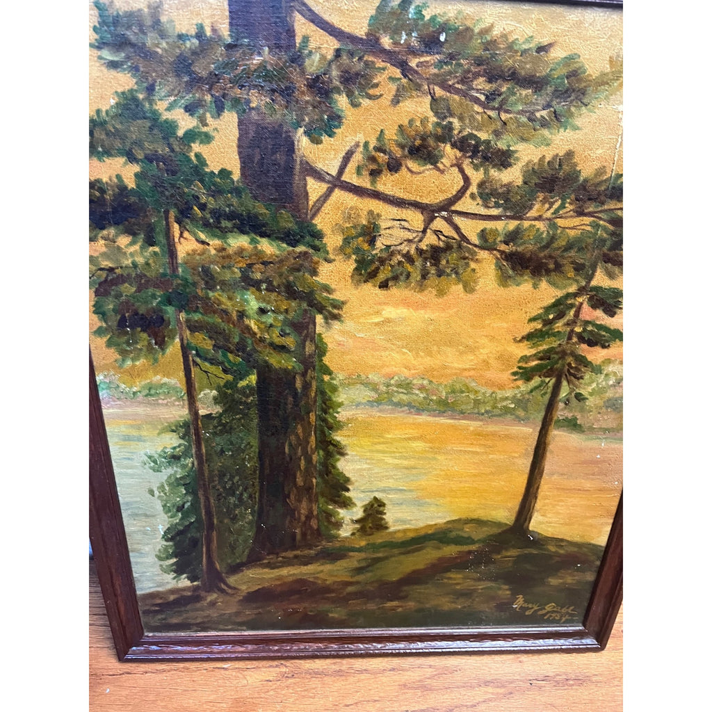 Vintage Original Framed Oil Painting on Canvas Signed 1932 Scenic Lake with Trees Landscape