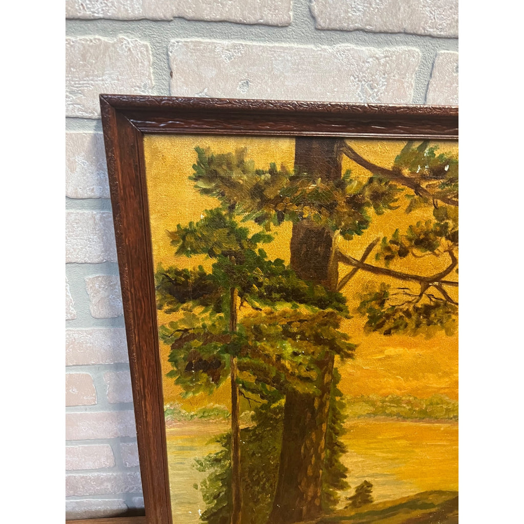 Vintage Original Framed Oil Painting on Canvas Signed 1932 Scenic Lake with Trees Landscape