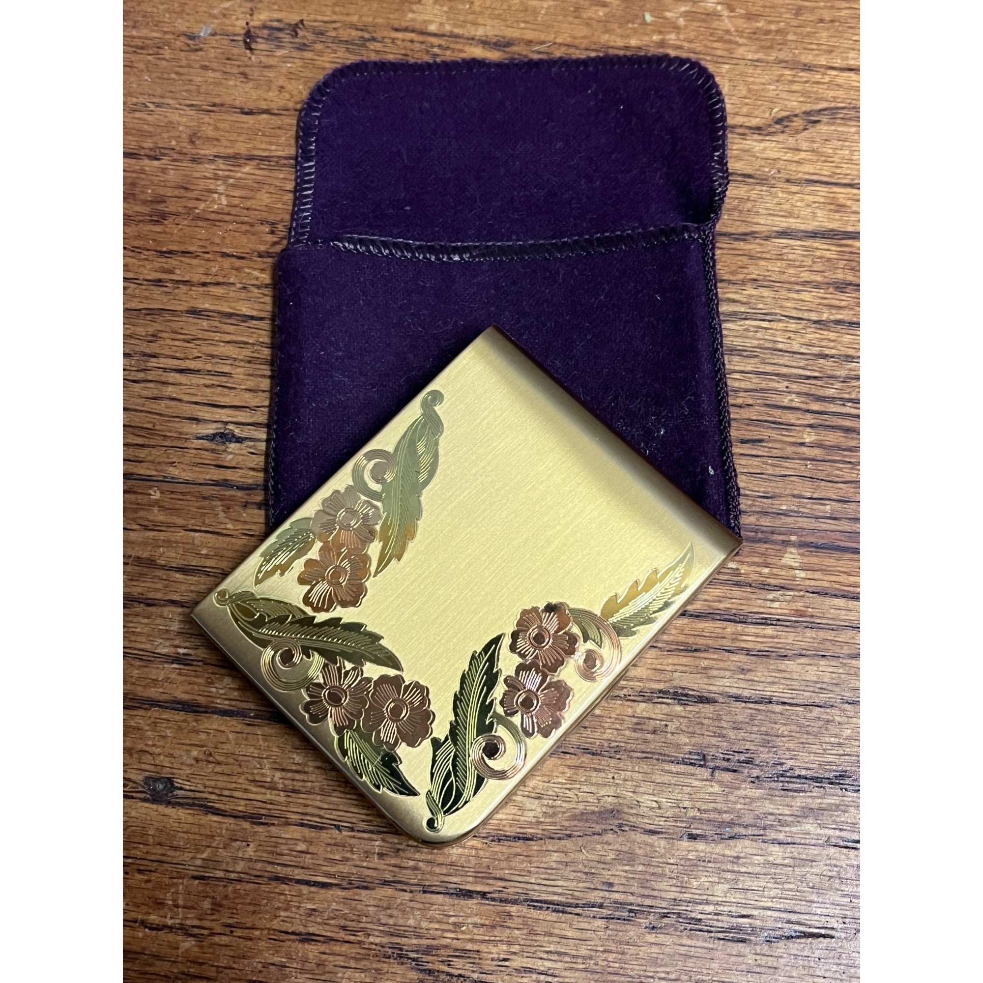Vintage Elgin Americana Powder Compact Mirror Mid-Century Gold-Tone Floral Leaf