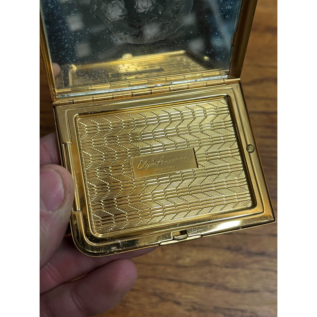 Vintage Elgin Americana Powder Compact Mirror Mid-Century Gold-Tone Floral Leaf