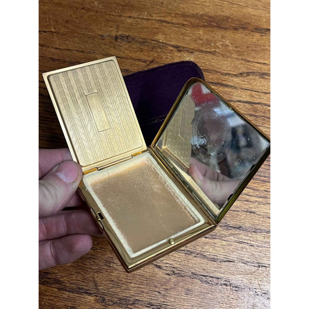 Vintage Elgin Americana Powder Compact Mirror Mid-Century Gold-Tone Floral Leaf