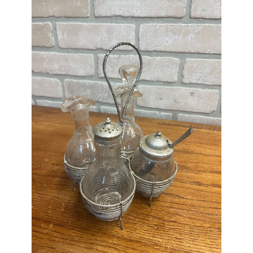 Antique 1920s Cut Glass Cruet Stand Frame Silver Condiment Bottles Dressing Set