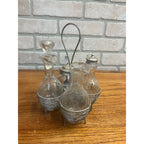 Antique 1920s Cut Glass Cruet Stand Frame Silver Condiment Bottles Dressing Set