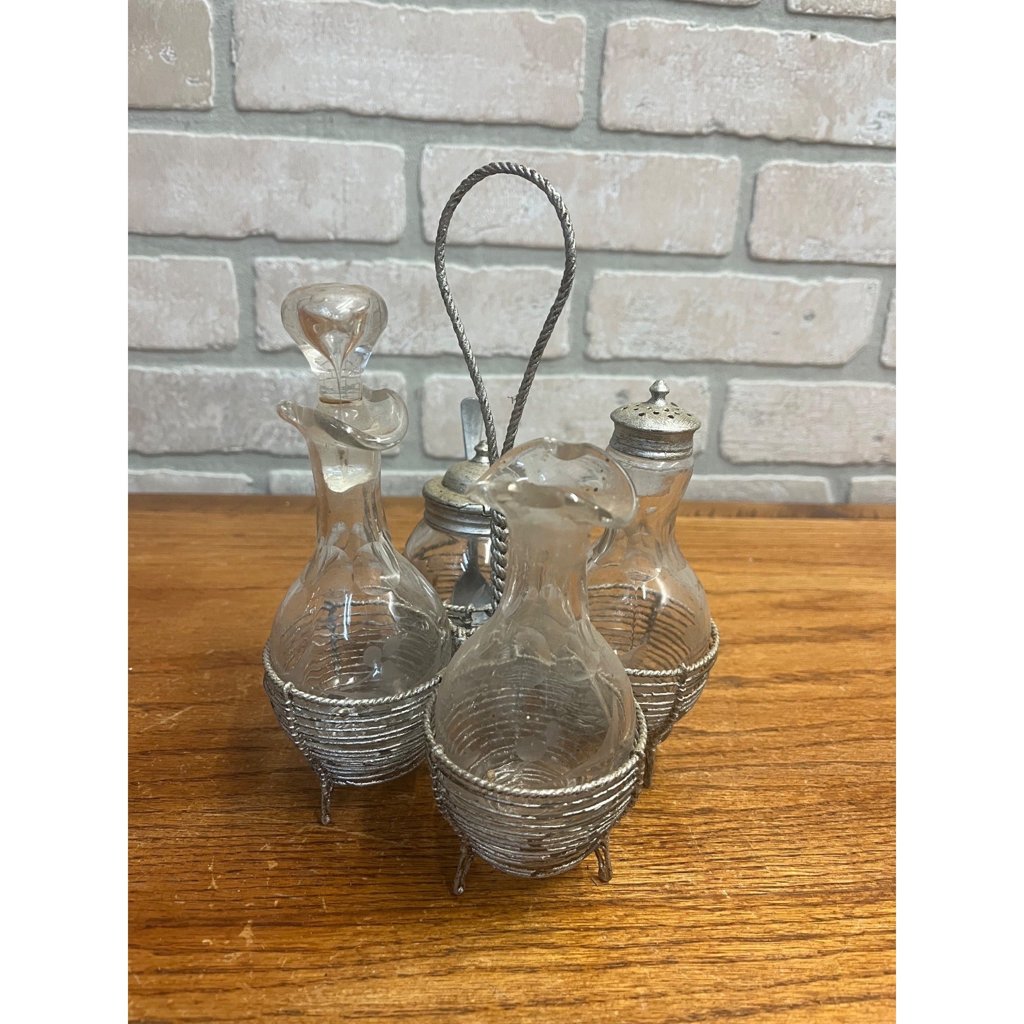 Antique 1920s Cut Glass Cruet Stand Frame Silver Condiment Bottles Dressing Set