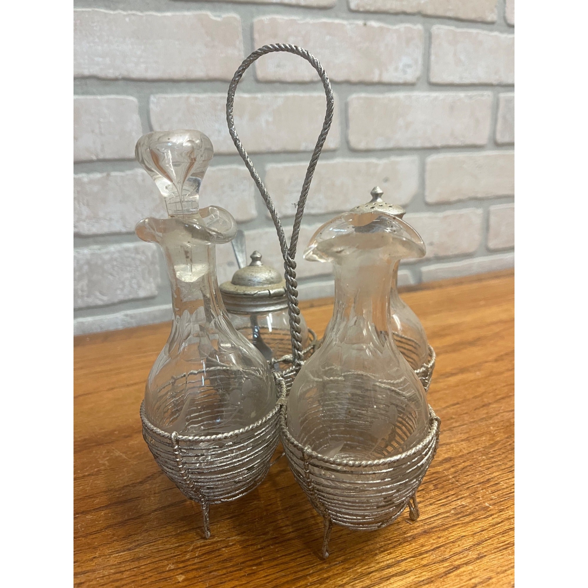 Antique 1920s Cut Glass Cruet Stand Frame Silver Condiment Bottles Dressing Set