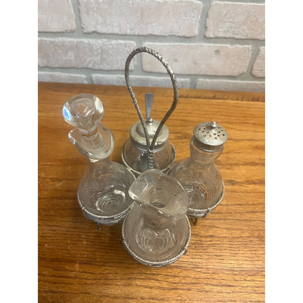 Antique 1920s Cut Glass Cruet Stand Frame Silver Condiment Bottles Dressing Set