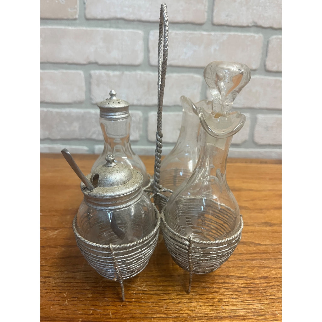 Antique 1920s Cut Glass Cruet Stand Frame Silver Condiment Bottles Dressing Set