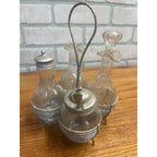 Antique 1920s Cut Glass Cruet Stand Frame Silver Condiment Bottles Dressing Set