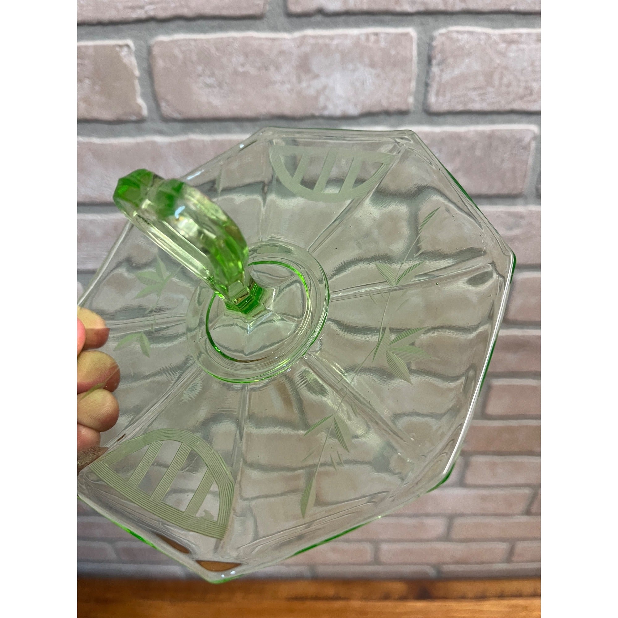 Green Depression Tidbit Plate Heart Handle etched Glows Uranium 6 1/2"