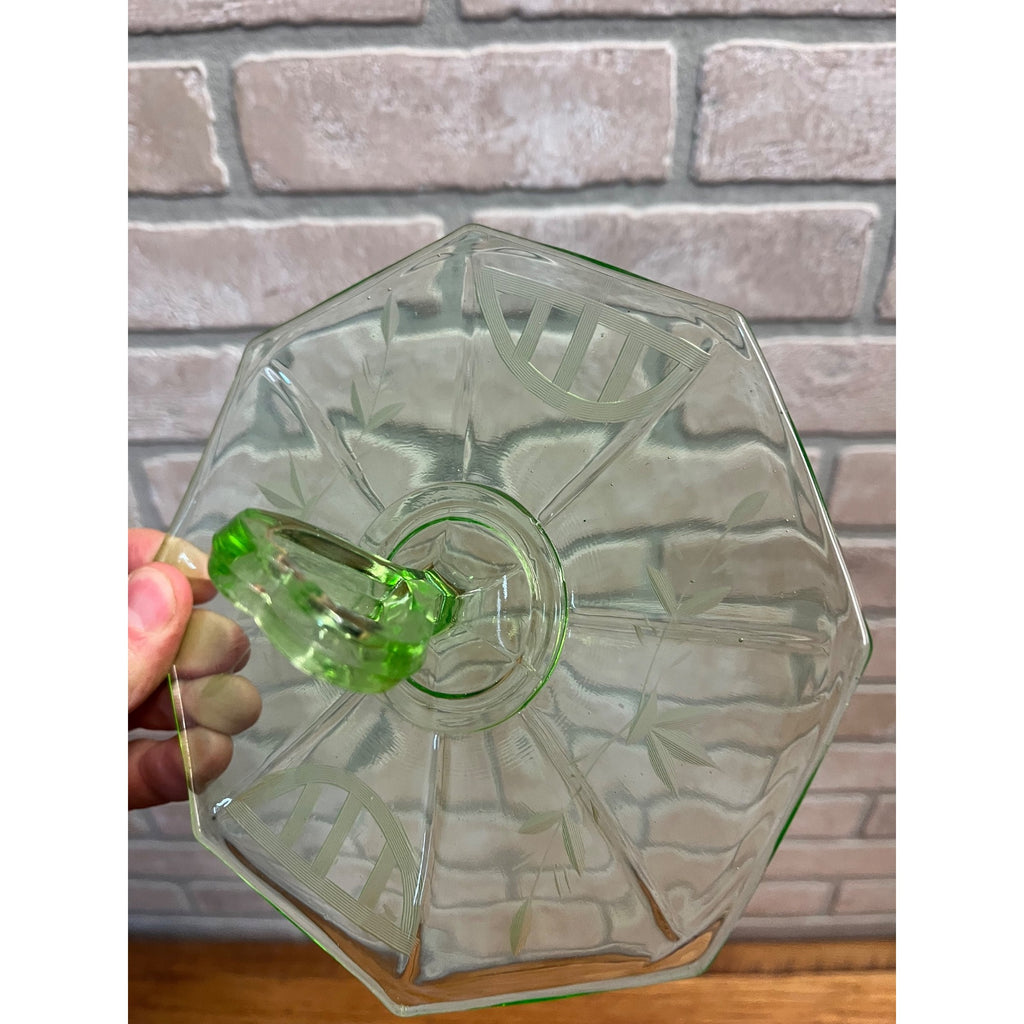 Green Depression Tidbit Plate Heart Handle etched Glows Uranium 6 1/2"