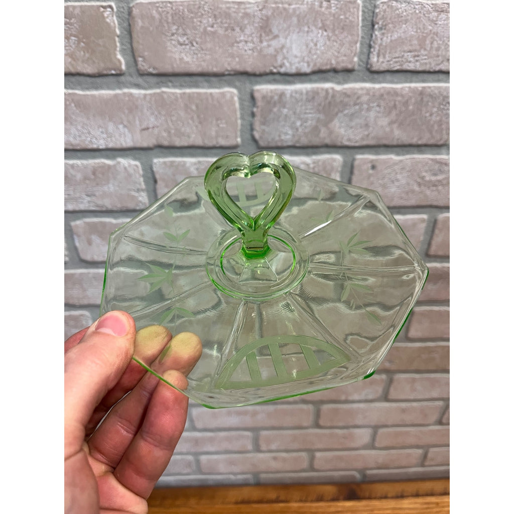 Green Depression Tidbit Plate Heart Handle etched Glows Uranium 6 1/2"