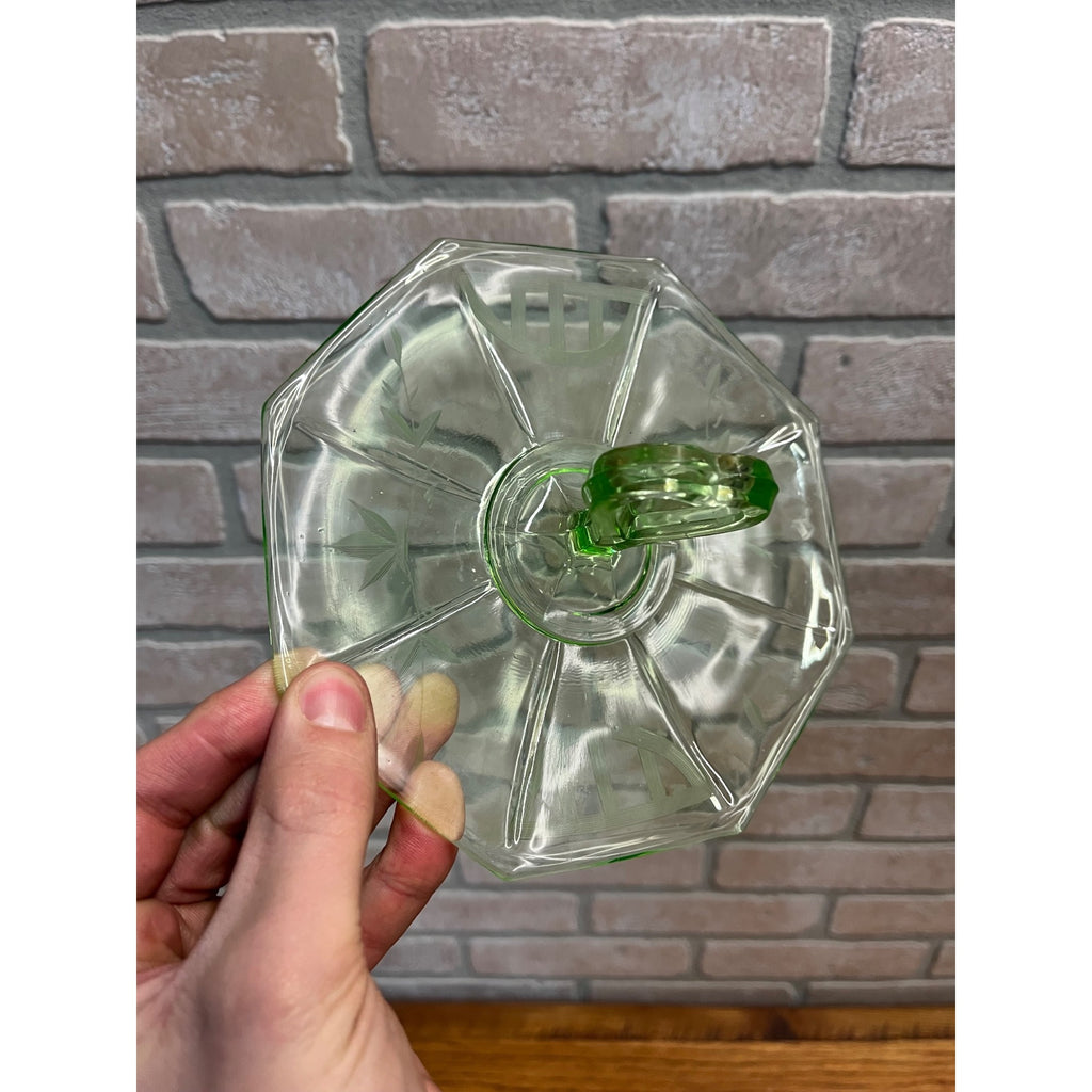 Green Depression Tidbit Plate Heart Handle etched Glows Uranium 6 1/2"