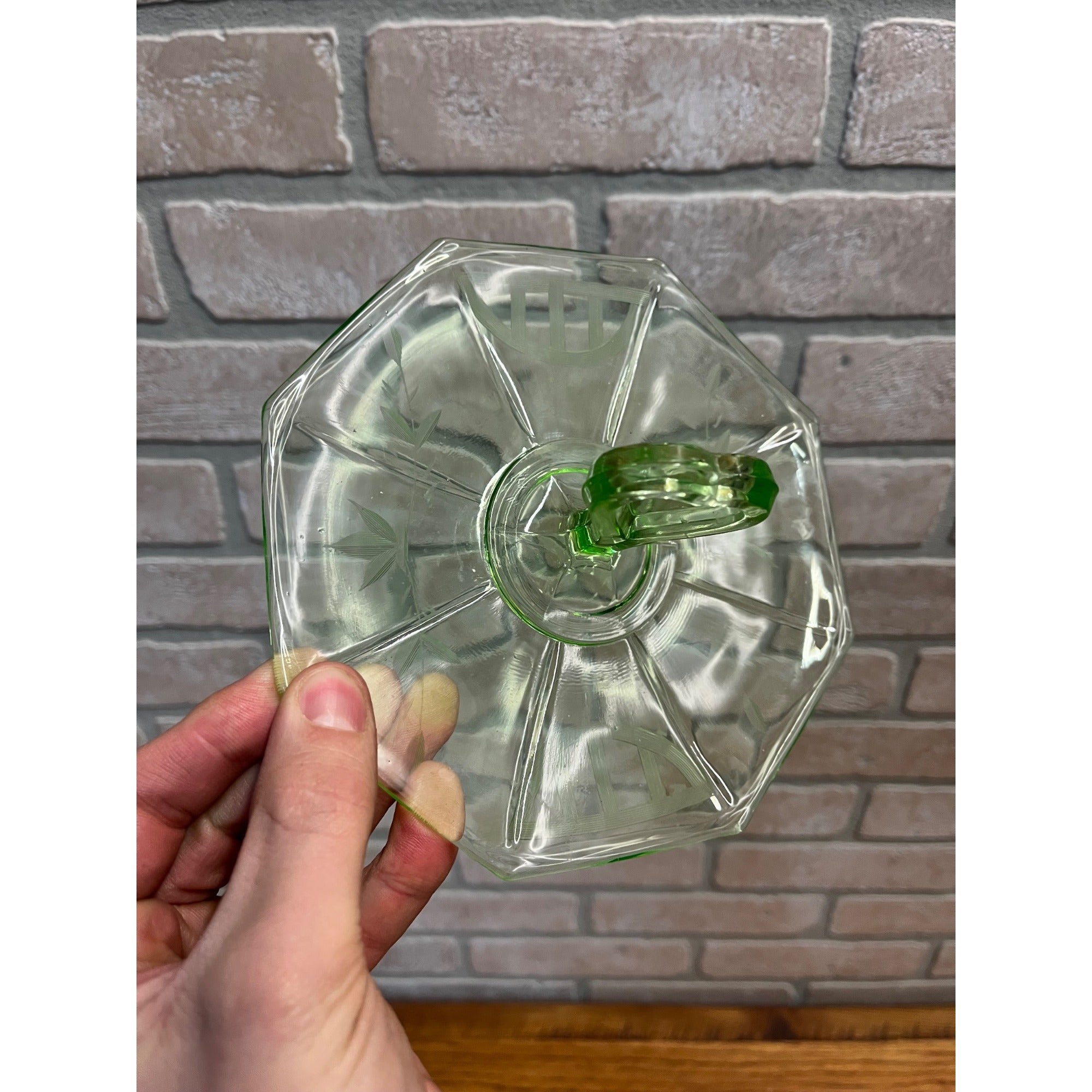 Green Depression Tidbit Plate Heart Handle etched Glows Uranium 6 1/2"