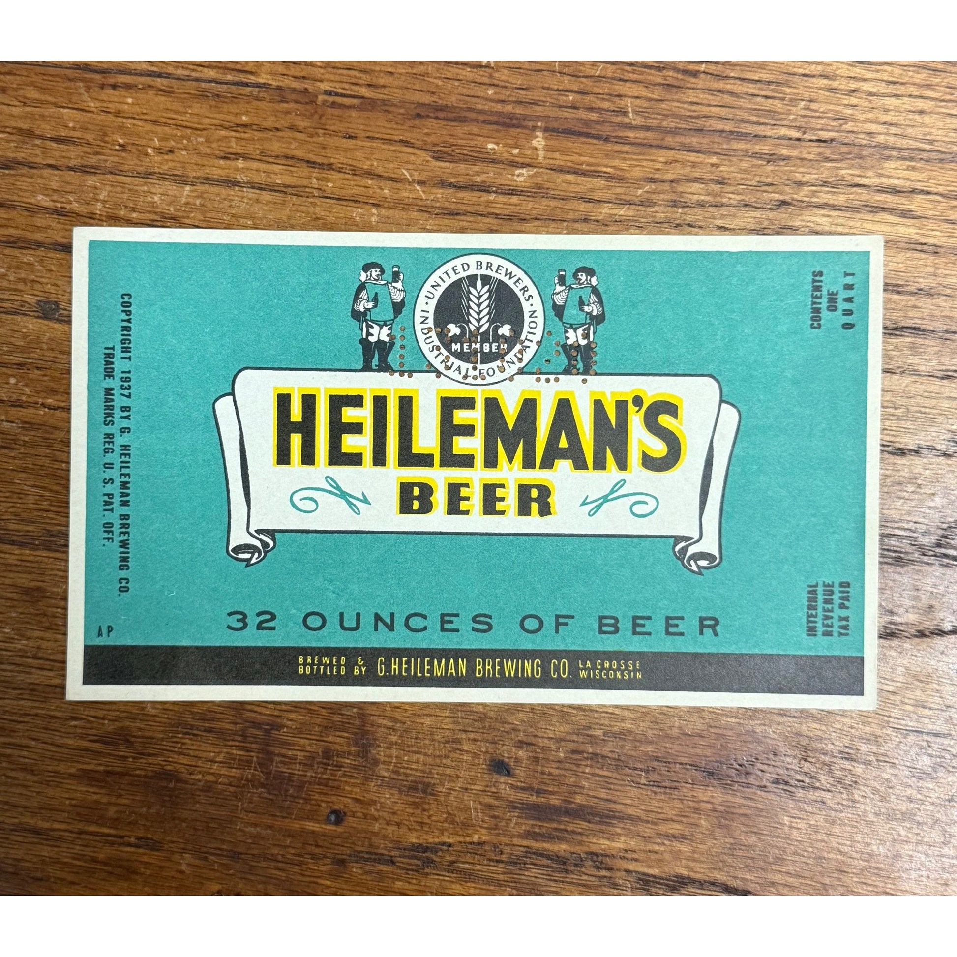 Vintage G. Heileman Brewing Co. Wisconsin IRTP Beer Bottle Label QUART