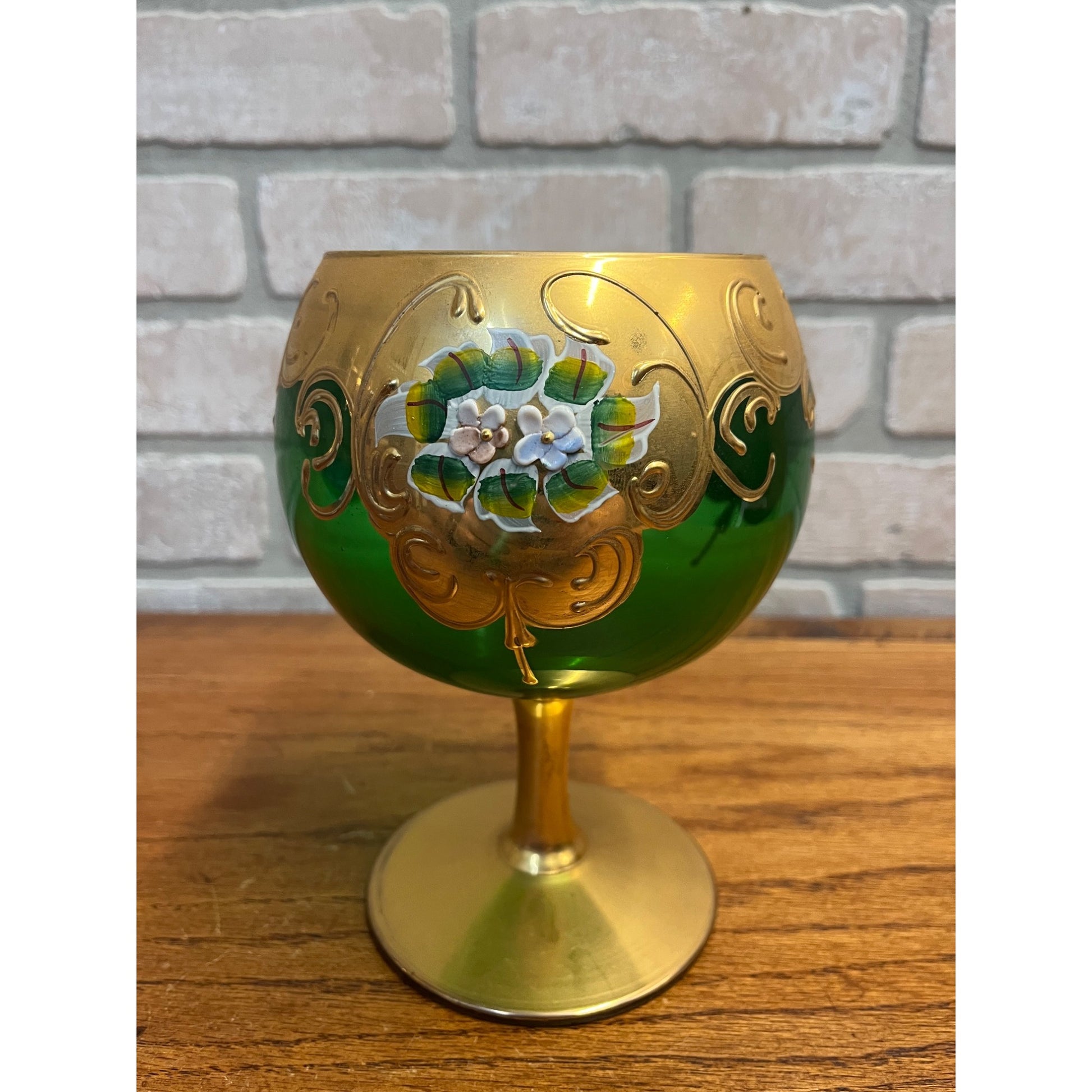 Vintage Bohemian Czech Green Glass 24kt Gold Painted Wine Goblet