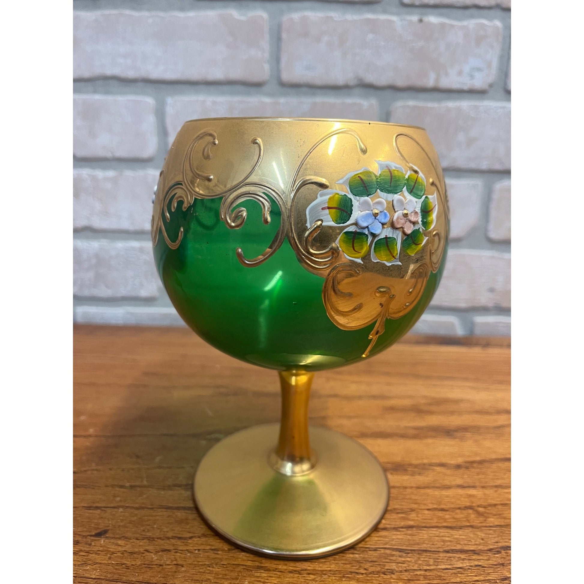 Vintage Bohemian Czech Green Glass 24kt Gold Painted Wine Goblet