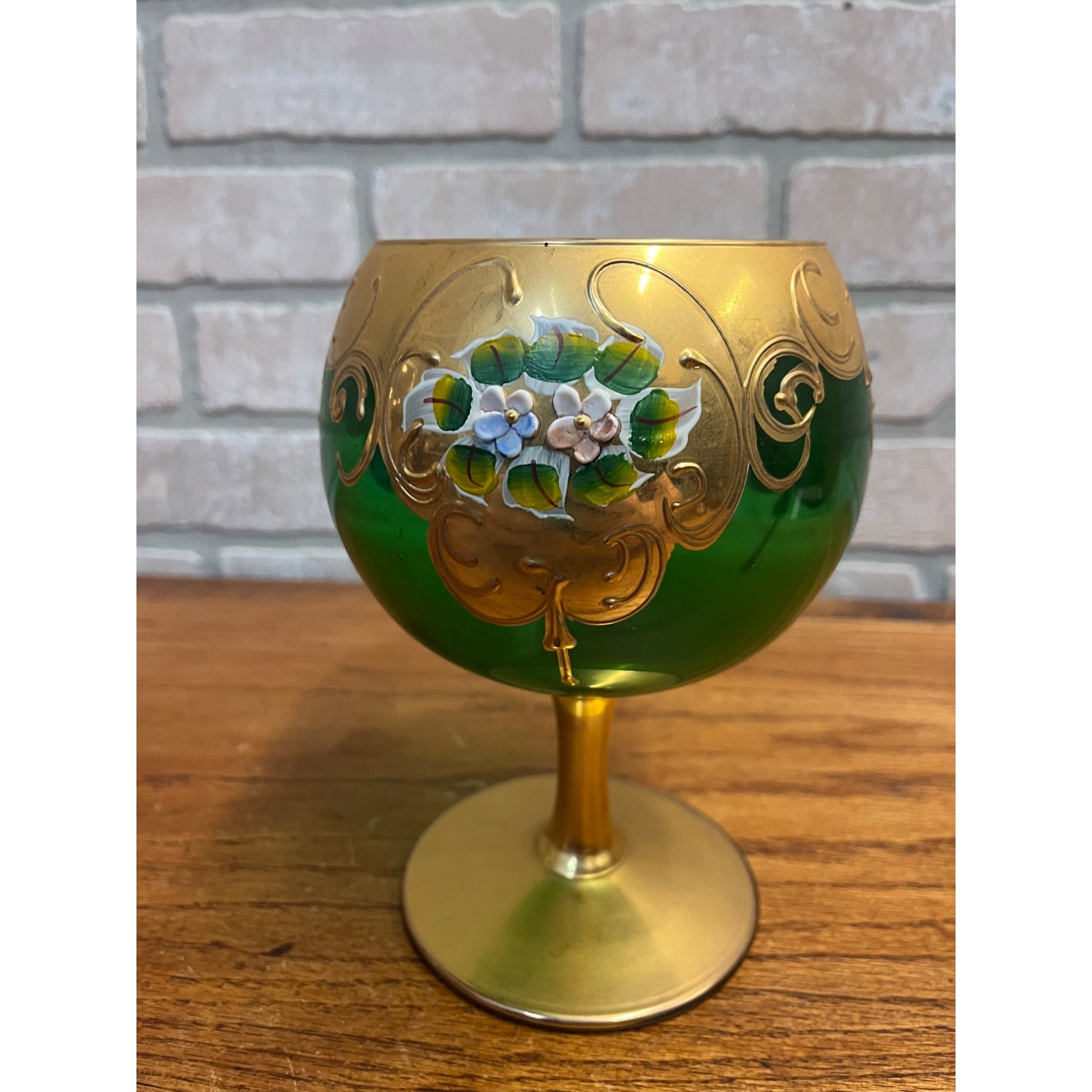Vintage Bohemian Czech Green Glass 24kt Gold Painted Wine Goblet