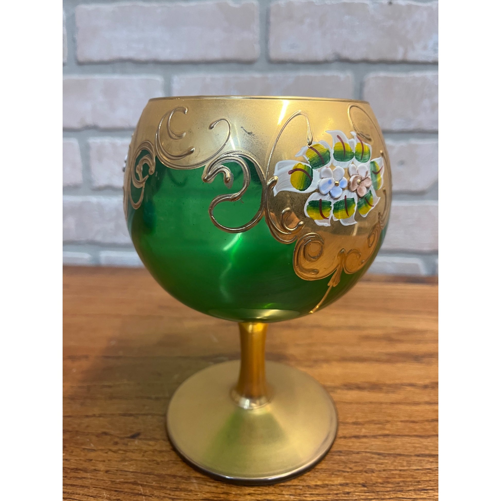Vintage Bohemian Czech Green Glass 24kt Gold Painted Wine Goblet