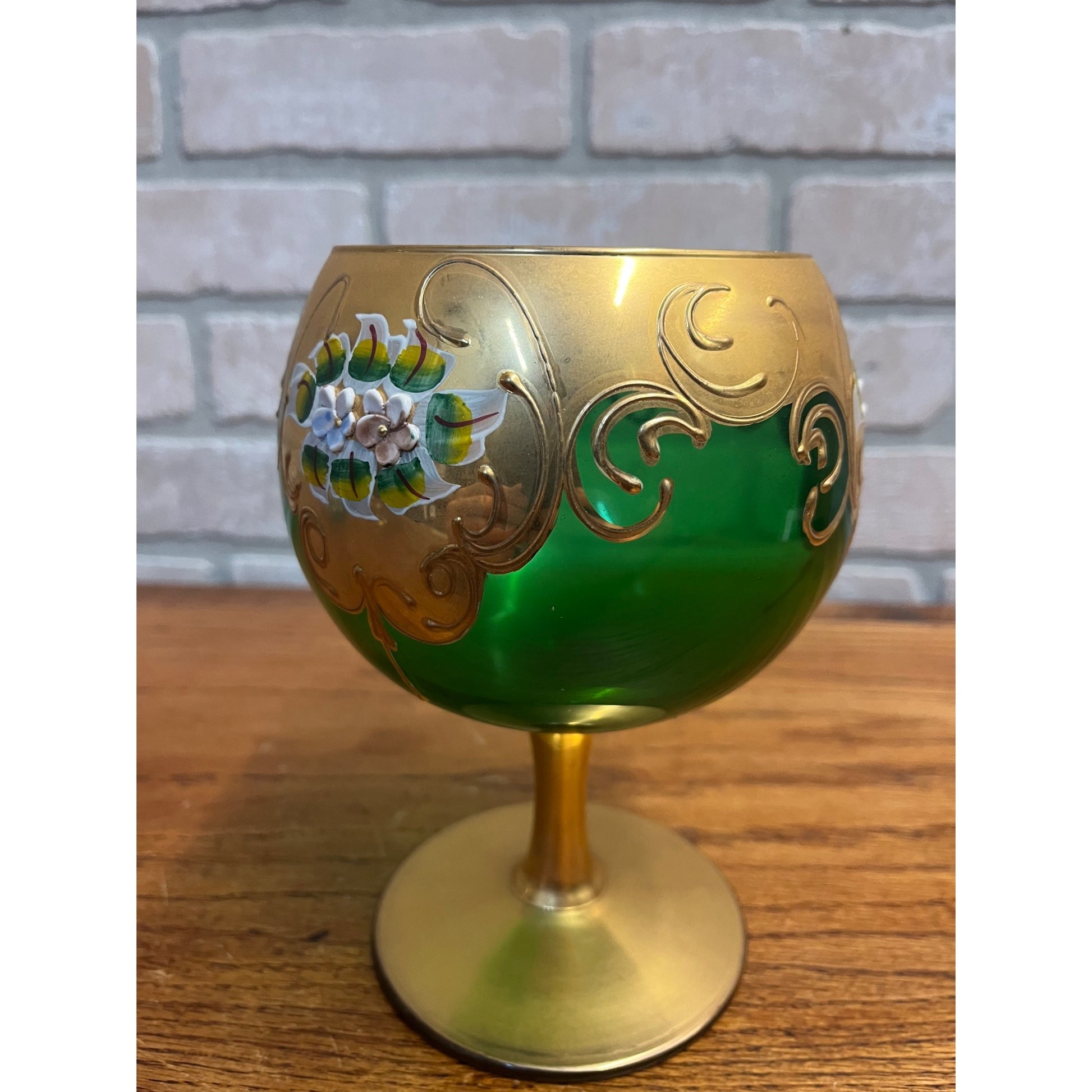 Vintage Bohemian Czech Green Glass 24kt Gold Painted Wine Goblet