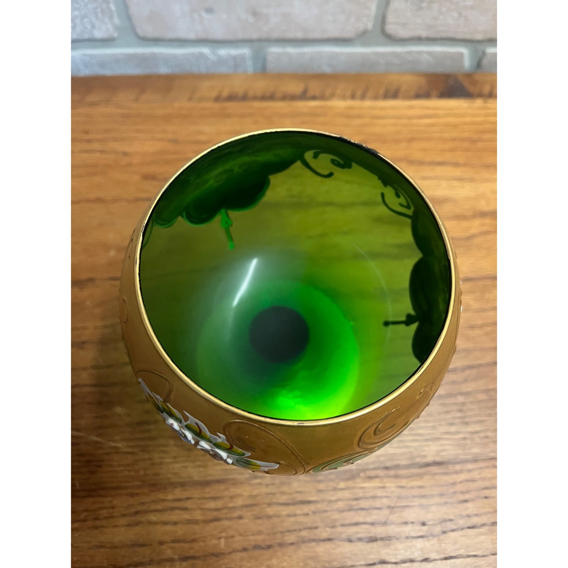 Vintage Bohemian Czech Green Glass 24kt Gold Painted Wine Goblet
