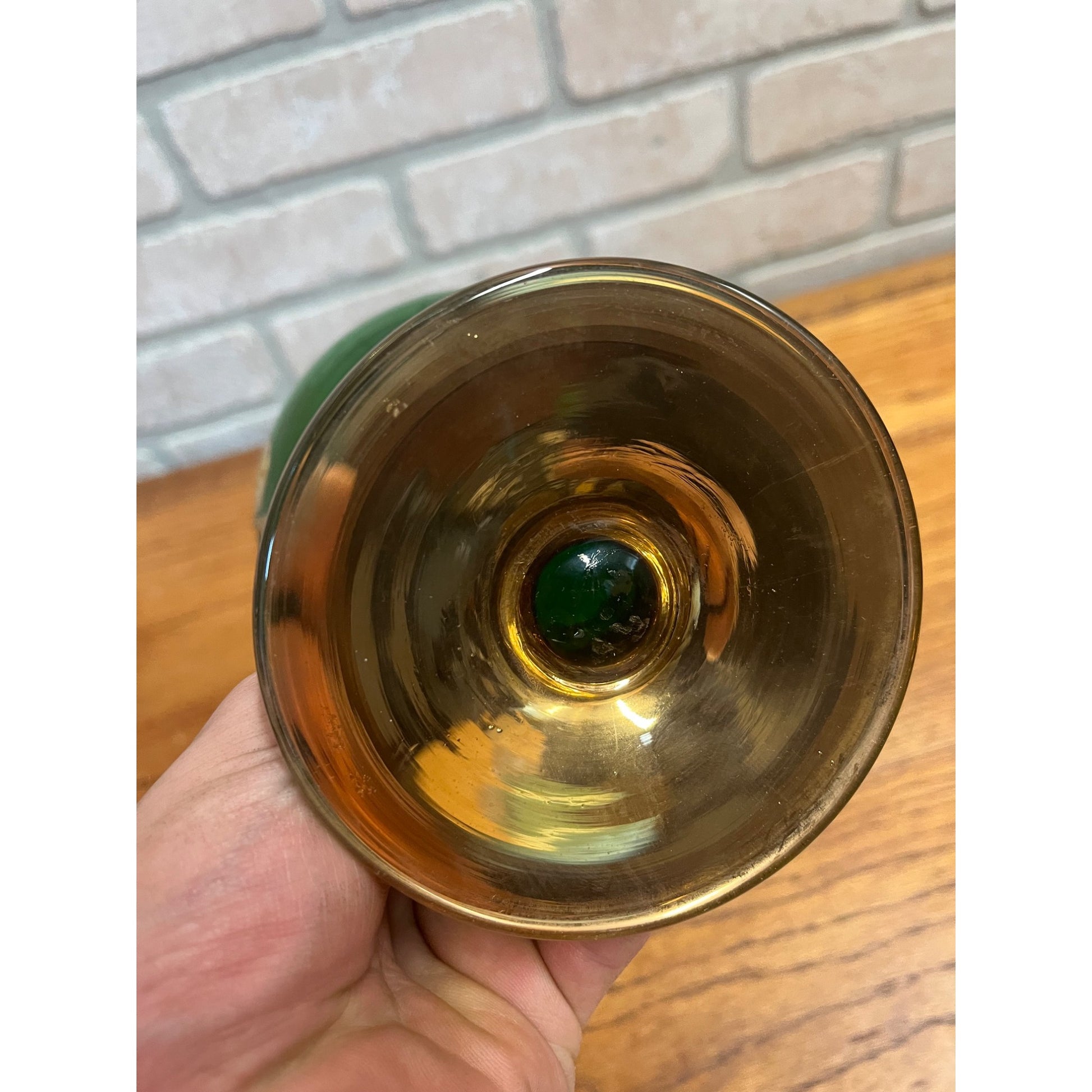 Vintage Bohemian Czech Green Glass 24kt Gold Painted Wine Goblet