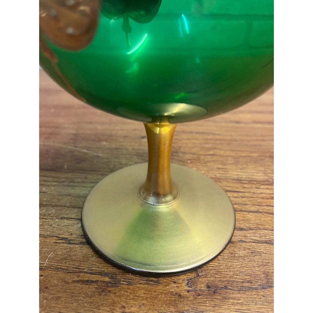 Vintage Bohemian Czech Green Glass 24kt Gold Painted Wine Goblet