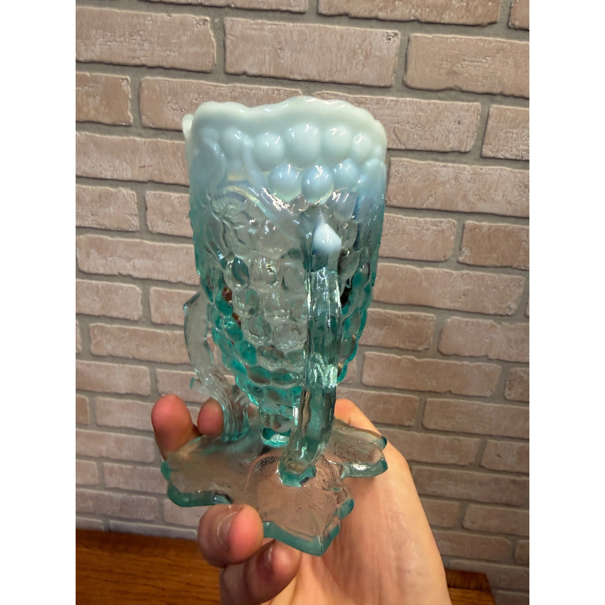 Antique 1900s Northwood Glass-Grape Vine Cluster Aqua Opalescent Vase