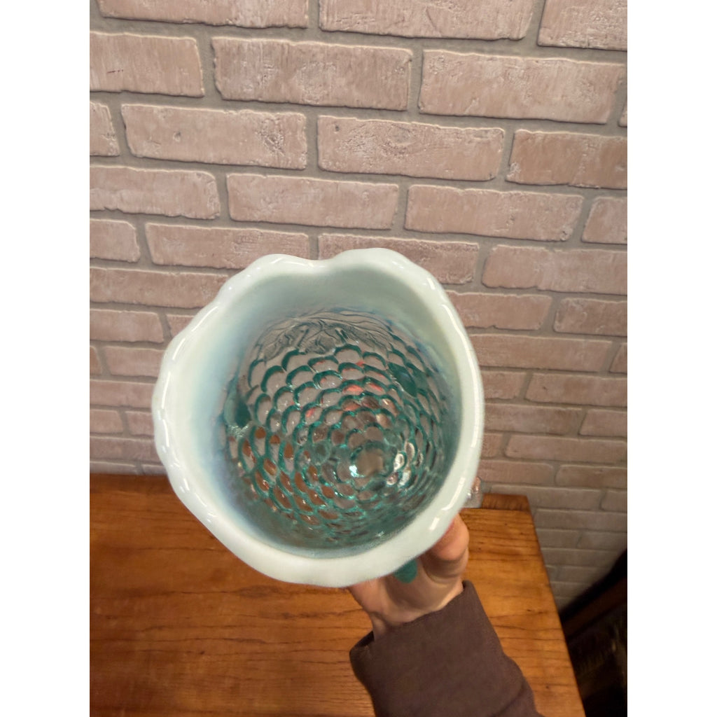 Antique 1900s Northwood Glass-Grape Vine Cluster Aqua Opalescent Vase