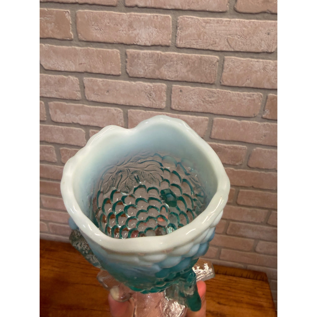 Antique 1900s Northwood Glass-Grape Vine Cluster Aqua Opalescent Vase