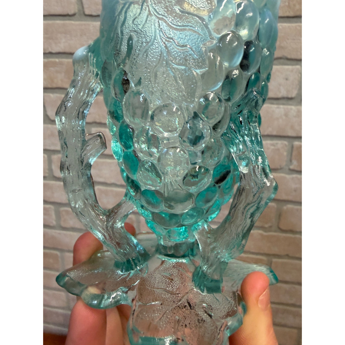 Antique 1900s Northwood Glass-Grape Vine Cluster Aqua Opalescent Vase