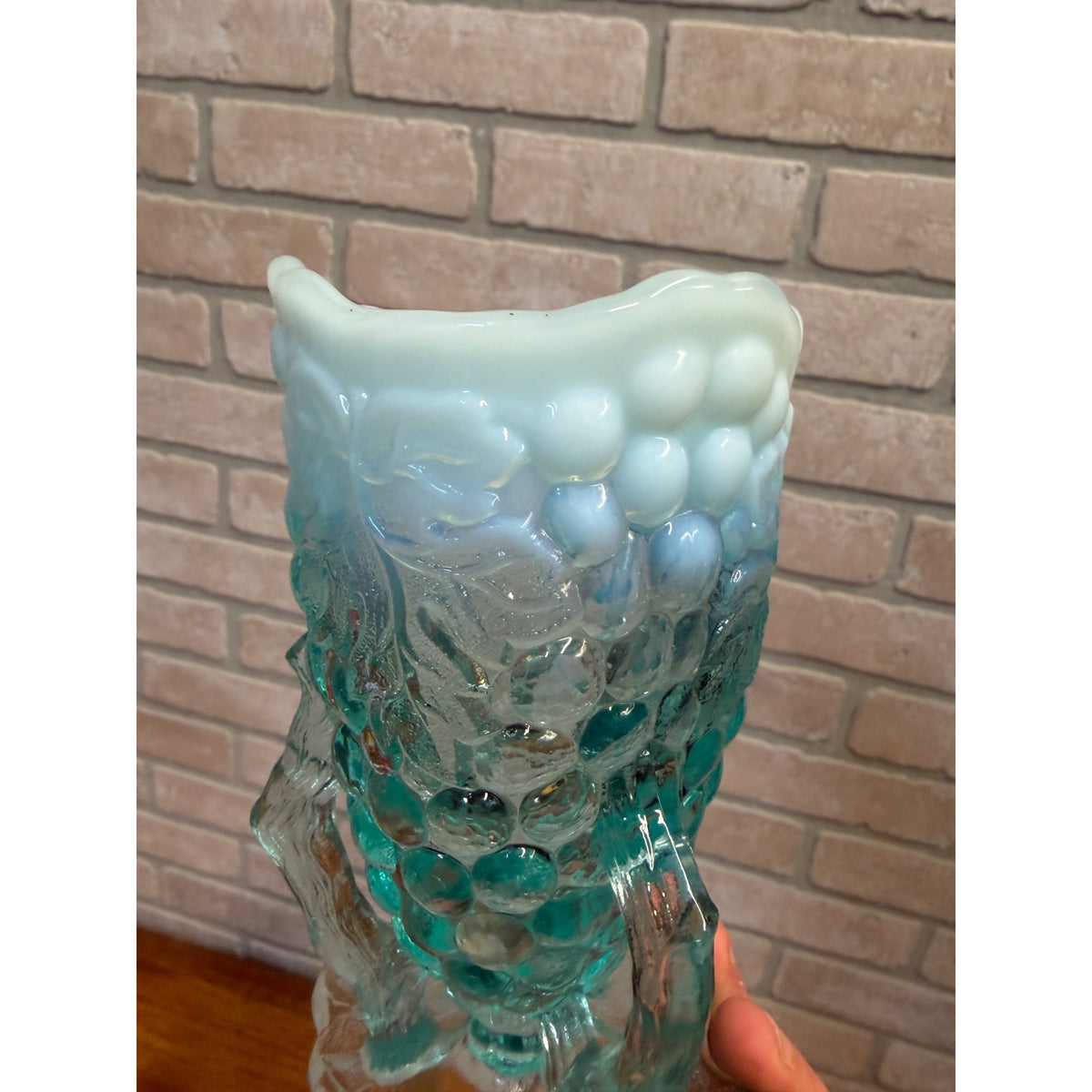 Antique 1900s Northwood Glass-Grape Vine Cluster Aqua Opalescent Vase
