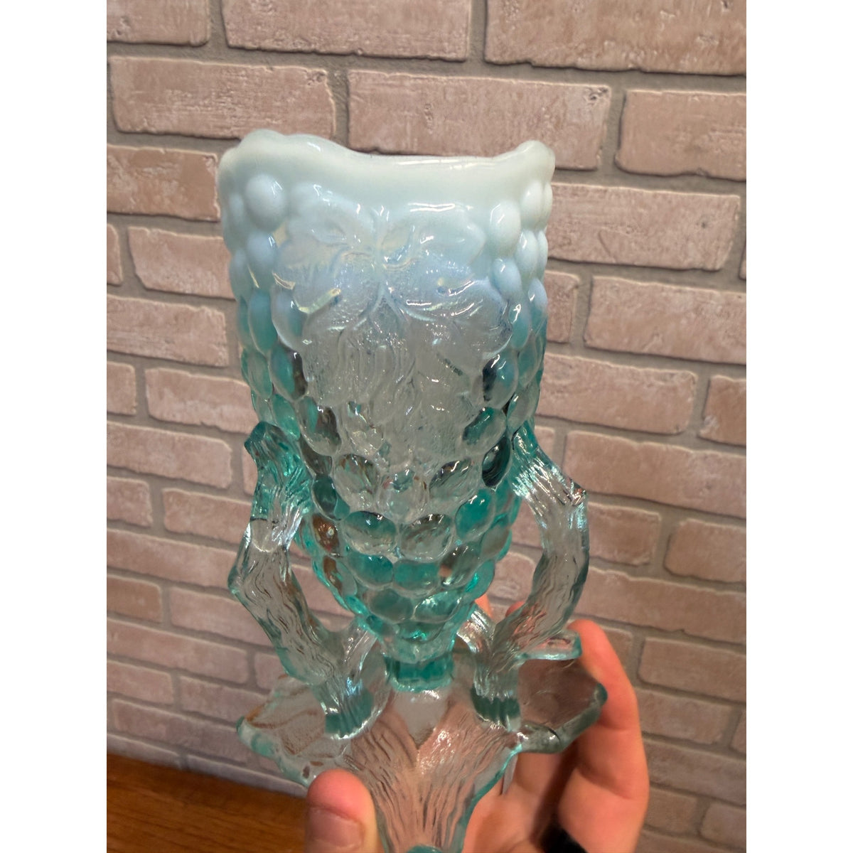 Antique 1900s Northwood Glass-Grape Vine Cluster Aqua Opalescent Vase